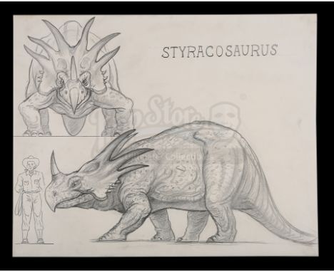 A Ray Harryhausen hand-drawn styracosaurus scale comparison from Jim O'Connolly's Western adventure The Valley of Gwangi. The