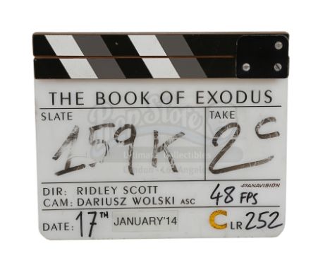 A production-used clapperboard from Ridley Scott's biblical epic Exodus: Gods and Kings. The clapperboard consists of an acry
