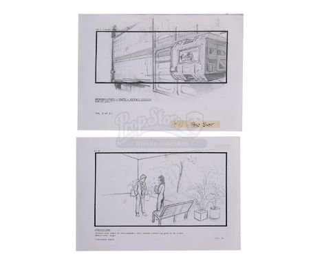 Two pencil storyboards from James Cameron's sci-fi action sequel Aliens. One features a panning shot across "Gateway Station"