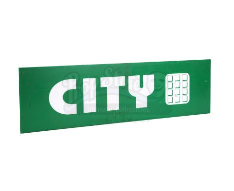 A City phone booth sign from the Wachowskis' sci-fi action film The Matrix. City signs were located around the top of public 