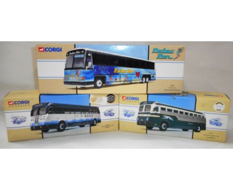 Corgi. 98427 Peter Pan Birthday bus. Classics. 98470 Silverside coach.; 98473 Waves coach. All boxed.