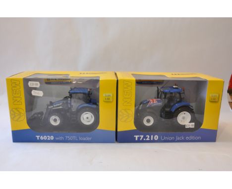 Universal Hobbies 1/32 New Holland T6020 with Loader plus New Holland T7.210 Union Jack Edition Tractor Models. Mint in Boxes