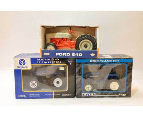 Ertl Britains 1/32 New Holland TS125A, New Holland 8670 Tractor Duo plus Ford 640 in 1/16 scale. Mint in Boxes. (3)