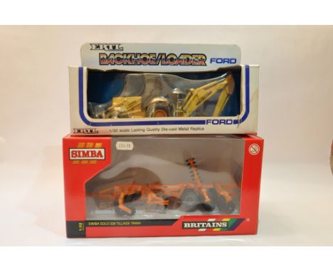 Britains 1/32 Simba Solo Cultivator plus Ertl 1/32 Ford Backhoe Loader Tractor. Mint in Boxes. (2)