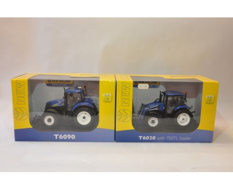 Universal Hobbies 1/32 New Holland T6090 plus New Holland T6020 with loader Tractor Models. Mint in Boxes. (2)