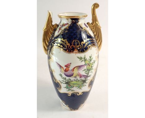 A Grainger &amp; Co two handled vase painted reserves of exotic birds and insects on a scale blue ground G423, 20cm a/f 