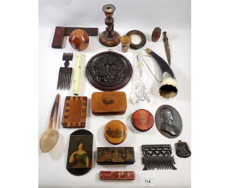 A box of treen and collectables including lacquer snuff box etc. 