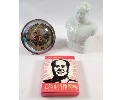 A Chinese Mao ceramic bust 16cm tall, plus Mao clock and playing cards 