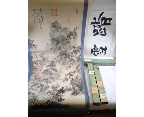 A Chinese watercolour scroll landscape signed, 184cm long and another scroll with script 