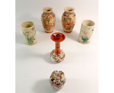 Two pairs of Japanese Satsuma vases and a Kutani box and candlestick, tallest 15.5cm 