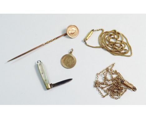 A 9 carat gold necklace, St Christopher and fine chain, 3.7g plus gold coin four reales stick pin and miniature penknife char