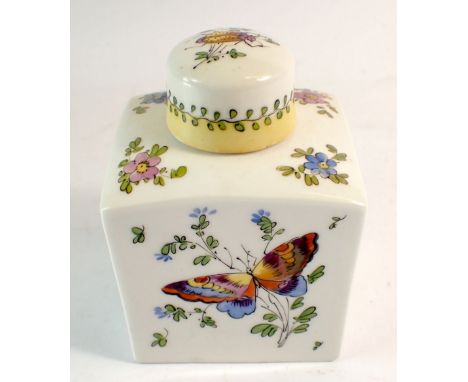A porcelain tea caddy painted exotic bird and insects, monogram to base, 12cm tall 