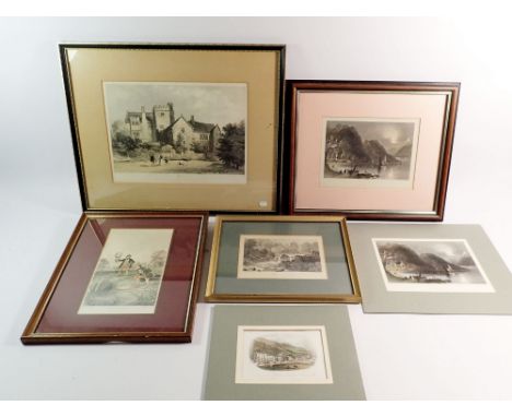A group of engravings including 19th century fishing lithograph by Day &amp; Hague plus Barmouth and Throwley Hall after Prou