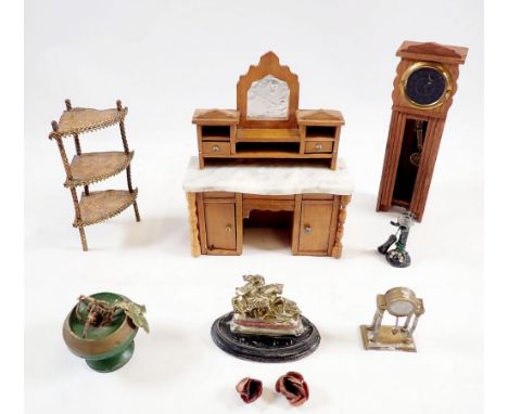 A group of dolls house furniture and accessories to include marble topped sideboard, longcase clock, a gilt metal corner what