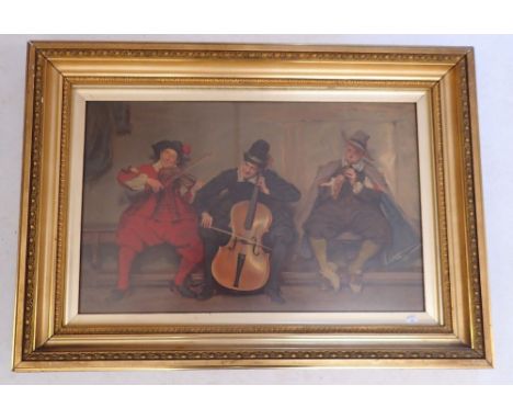 A Pears print of three cavaliers playing a violin, cello and pipe, 28.5 x 45cm 