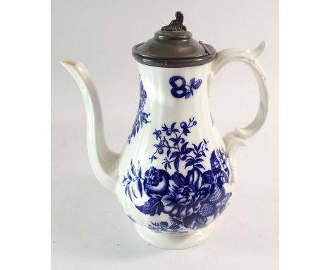 An early 19th century Coalport blue and white Pine Cone pattern coffee pot in Worcester or Caughley style with pewter lid, th