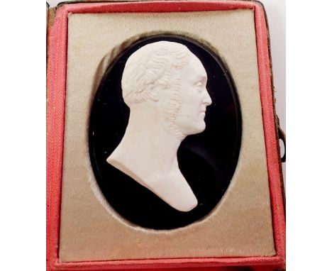 A 19th century continental carved portrait cameo of a man, in fitted case - cameo 4.5 x 3.5cm 