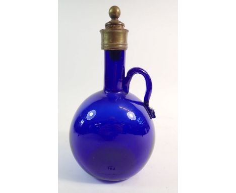 A 19th century Bristol blue glass decanter or flask with metal stopper, 22cm tall 