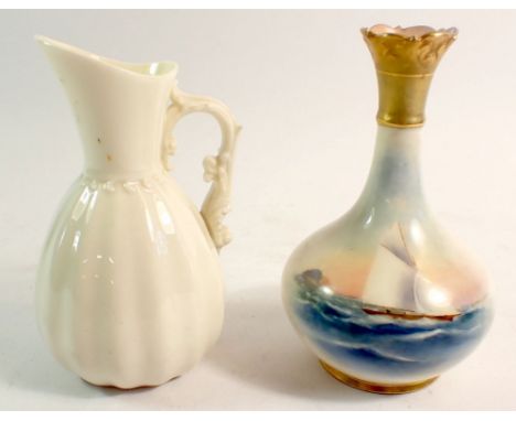 A Royal Worcester vase painted marine scene with yacht, signed R Rushton G7062, 14cm - repaired to rim and a white vase with 