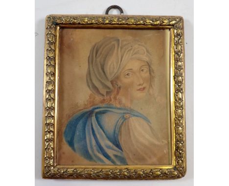 A watercolour miniature portrait of a woman in Middle Eastern attire, gilt laurel leaf frame, 10.5 x 9cm 