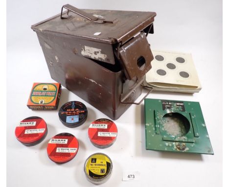 A military ammunition box, 19cm tall and contents of paper shooting targets etc, H83 MKII 