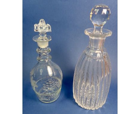 A Georgian etched glass decanter, 20cm and a ribbed one 