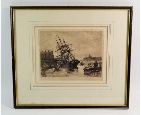 A 19th century marine etching 'A Collier in Bristol Harbour' by M W Ridley, 18 x 23cm 