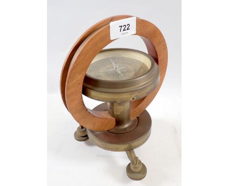 A teak and brass framed vintage compass, 22cm tall 