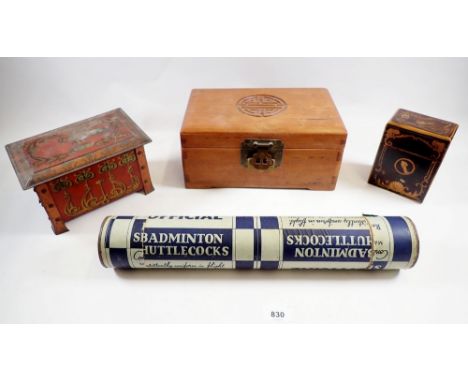 A marquetry playing card box, an Art Nouveau Anvers biscuit tin, an oriental cigarette box, vintage tube of Shuttlecocks and 