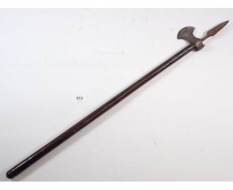 A 19th century mahogany handled fighting axe with metal blade and spear top, 70cm 