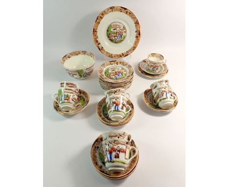 A 19th century Pearlware tea service comprising 9 cups and 12 saucers, 12 side plates, cake plate and sugar painted oriental 