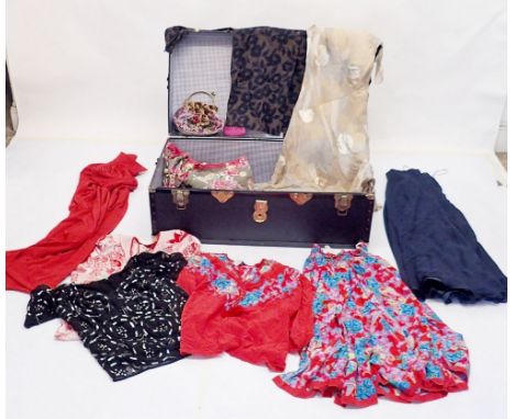 A trunk of ladies designer clothes including Frank Usher red dress, navy skirt and sequin top plus a Diane Fres dress, skirt 