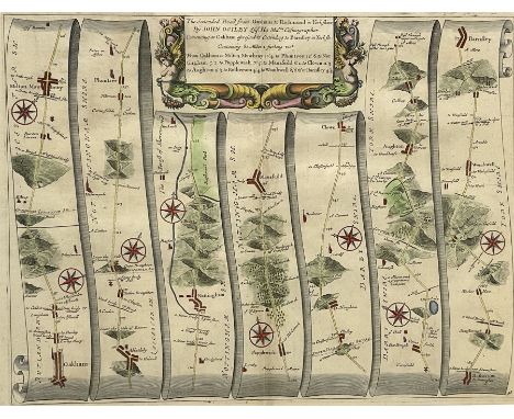 John Ogilby (British 1600-1676): 'The Extended Road from Oakham to Richmond in Yorkshire', late 17th century engraved strip m