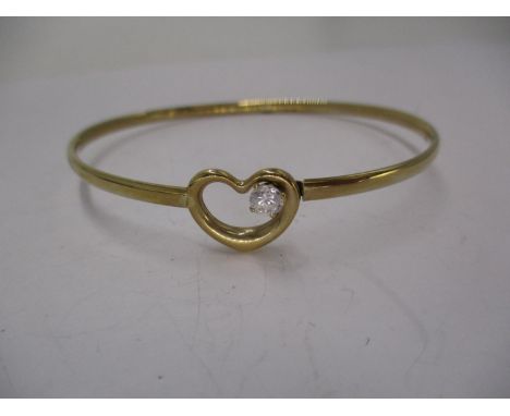 9ct Gold Heart Bangle Set with a Clear Stone, 3.2g 