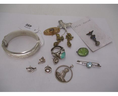 Navajo Silver and Turquoise Ring, Engraved Silver Bangle, Legion of Mary Silver and Enamel Pin, Silver Puffin Pendant, Silver