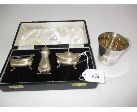 Cased Silver 3 Piece Condiment Set, Sheffield 1959, and a Silver Plated Christening Cup 