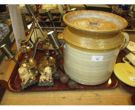 Stoneware Crock, Pair of Candlesticks, Pair of Lions, 3 Treen Ladles and a Ceiling Light 