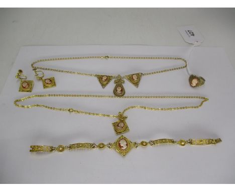 Two Silver Gilt and Cameo Set Necklaces, Bracelet, Ring and Pair of Ear Clips 