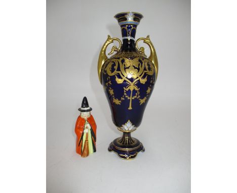 Vienna Porcelain Gilt Decorated 2 Handle Vase, 21cm, along with a Royal Worcester Candle Snuffer Welsh Lady 