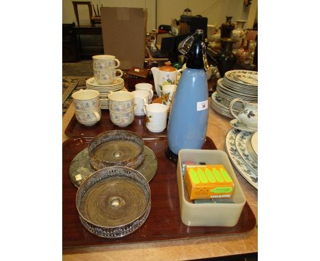 Pair of Silver Plate and Wood Decanter Coasters, Place Mats and Soda Siphon 