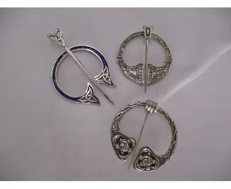 Three Iona Pattern Silver Plaid Brooches, one with Blue Enamel 