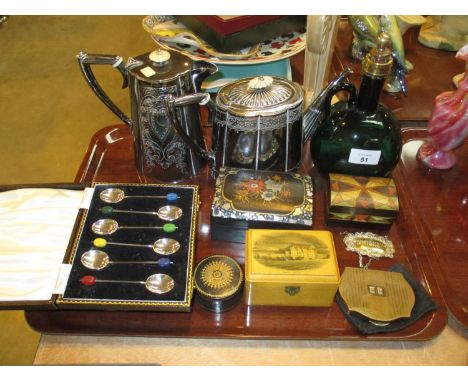 Silver Plated Tea Pot, Water Jug and Coffee Spoons, Decanter, Mauchline and Other Boxes 