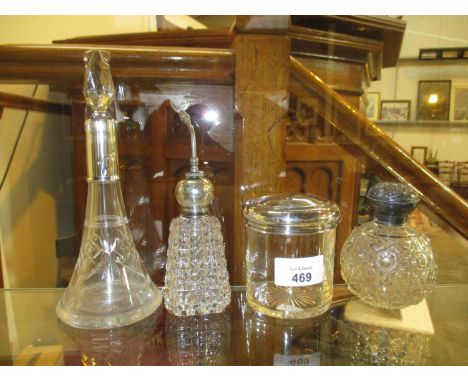 Silver Mounted Glass Items - Tall Tapering Scent Bottle, Globular Scent Bottle, Perfume Atomiser and a Dressing Table Jar 