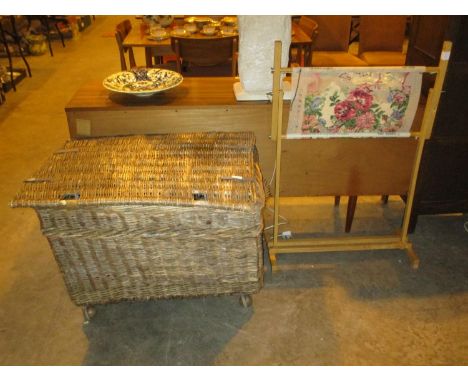 Large Wicker Linen Hamper and a Tapestry Screen 