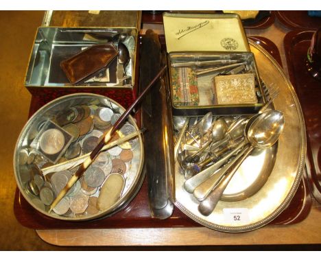 Silver Plated Tray and Cutlery, Coins, Tins and Collectables 