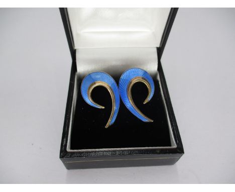 Pair of Norway Sterling Silver and Blue Enamel Ear Clips 