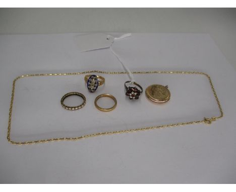 9ct Gold Necklace and Wedding Ring, 5.58g, 9ct Gold Eternity Ring, Diamond and Enamel Set Ring, Gold Plated Locket and a Silv