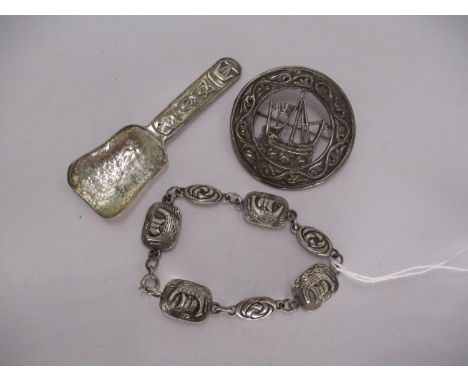 Two Iona Pattern Silver Items - a Brooch with Pierced Galleon, a Bracelet, along with a Silver Mull Caddy Spoon 