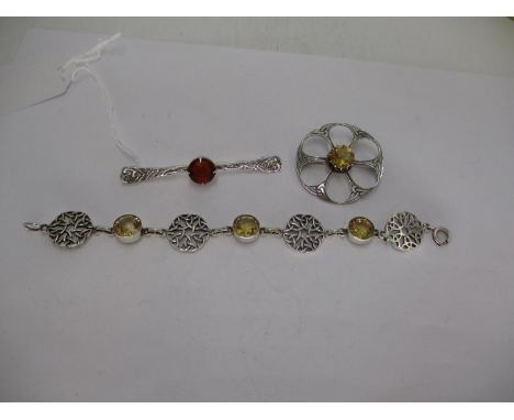 Iona Pattern Silver and Citrine Bracelet, a Similar Plaid Brooch and Bar Brooch (3) 