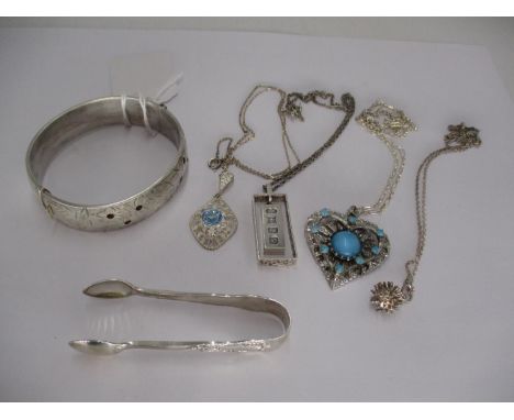 Silver Hing Bangle Set with Red Stones, 4 Silver Necklaces and Silver Sugar Tongs 